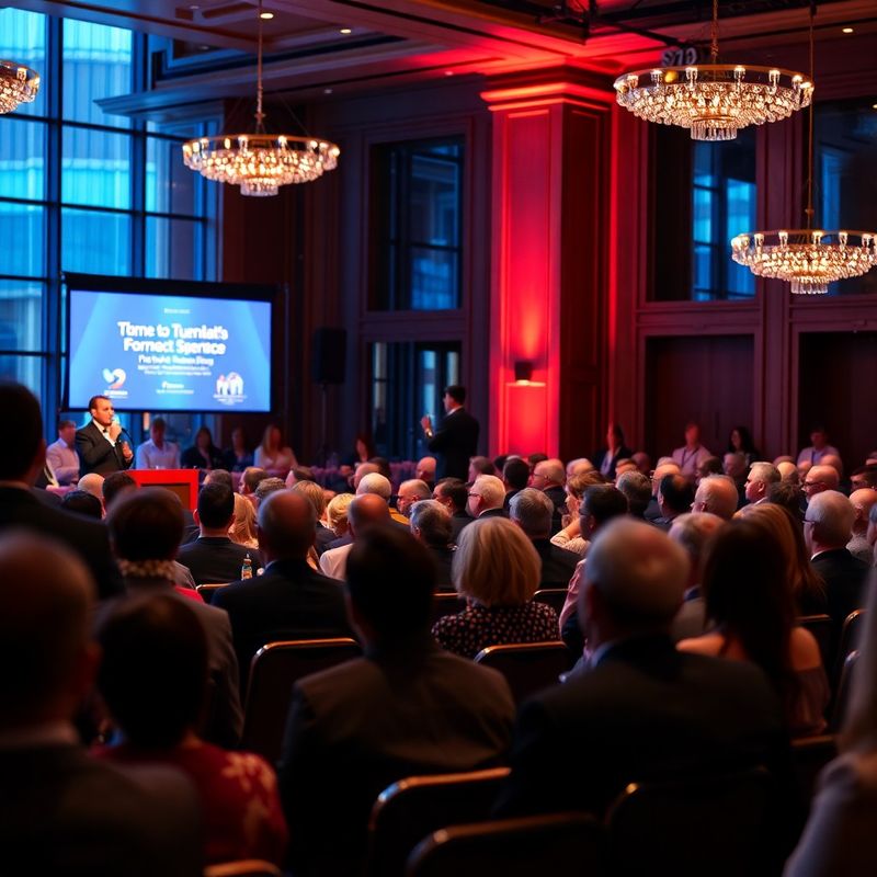 Wide shot of a Toronto conference in progress, speaker at podium, rose-warm event lighting
