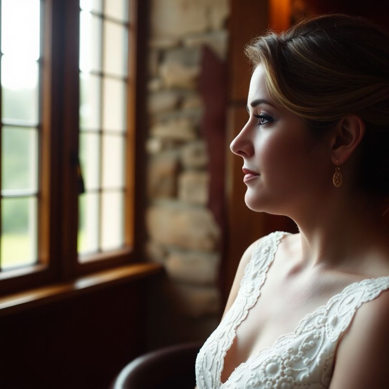 Quiet moment near a window in rose-warm interior light between ceremony and reception