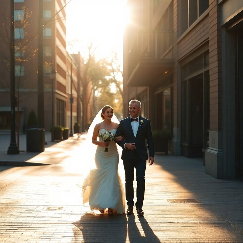 Bride and groom walking along a Toronto street in golden rose-warm sunlight
