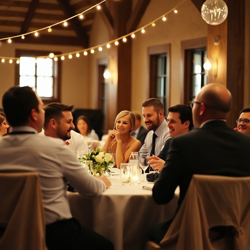 Candid moment during a Toronto wedding reception under rose-warm string lights