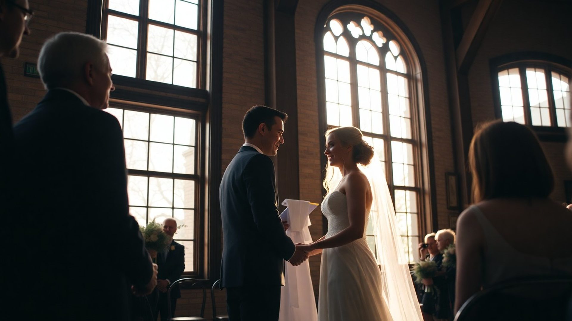 Documentary wedding ceremony in a Toronto venue with rose-warm afternoon light